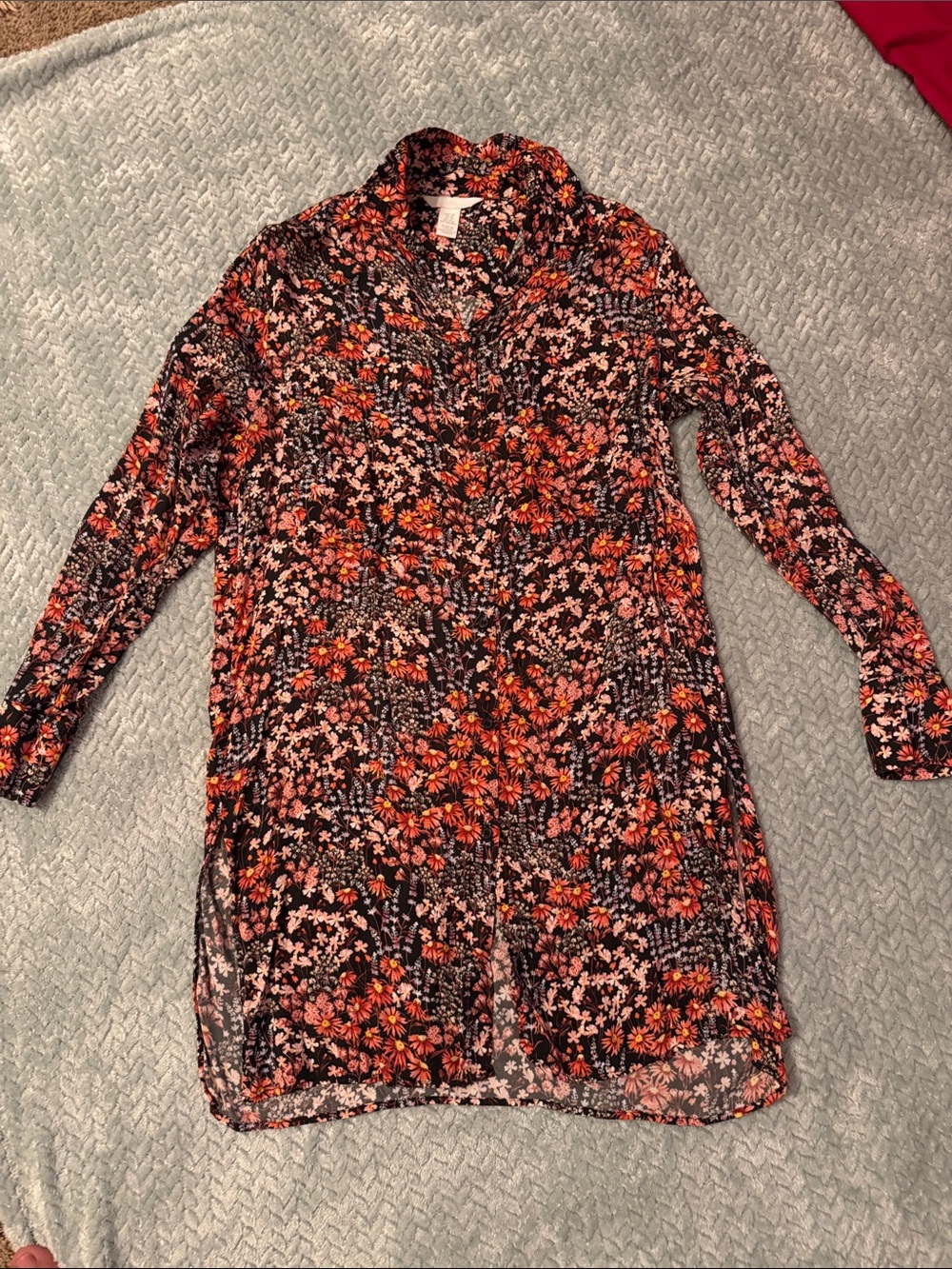 H&M Black Floral Button-Up Blouse with Orange & Pink Blooms